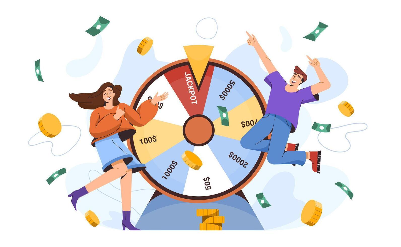 Flat lucky people near fortune wheel win money. Happy millionaires hit jackpot at casino. Cash prize in gambling game of chance. Characters winners with spinning roulette or rotating circle vector