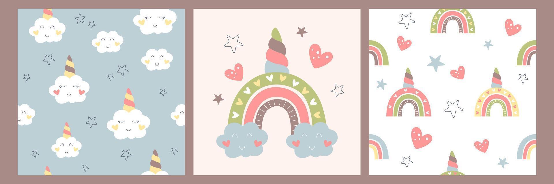 Boho baby seamless pattern with rainbow, cute clouds, stars and hearts. Hand drawn bohemian nursery design for kids bedroom in scandinavian style. Childish wall art decor for newborn in pastel colors vector