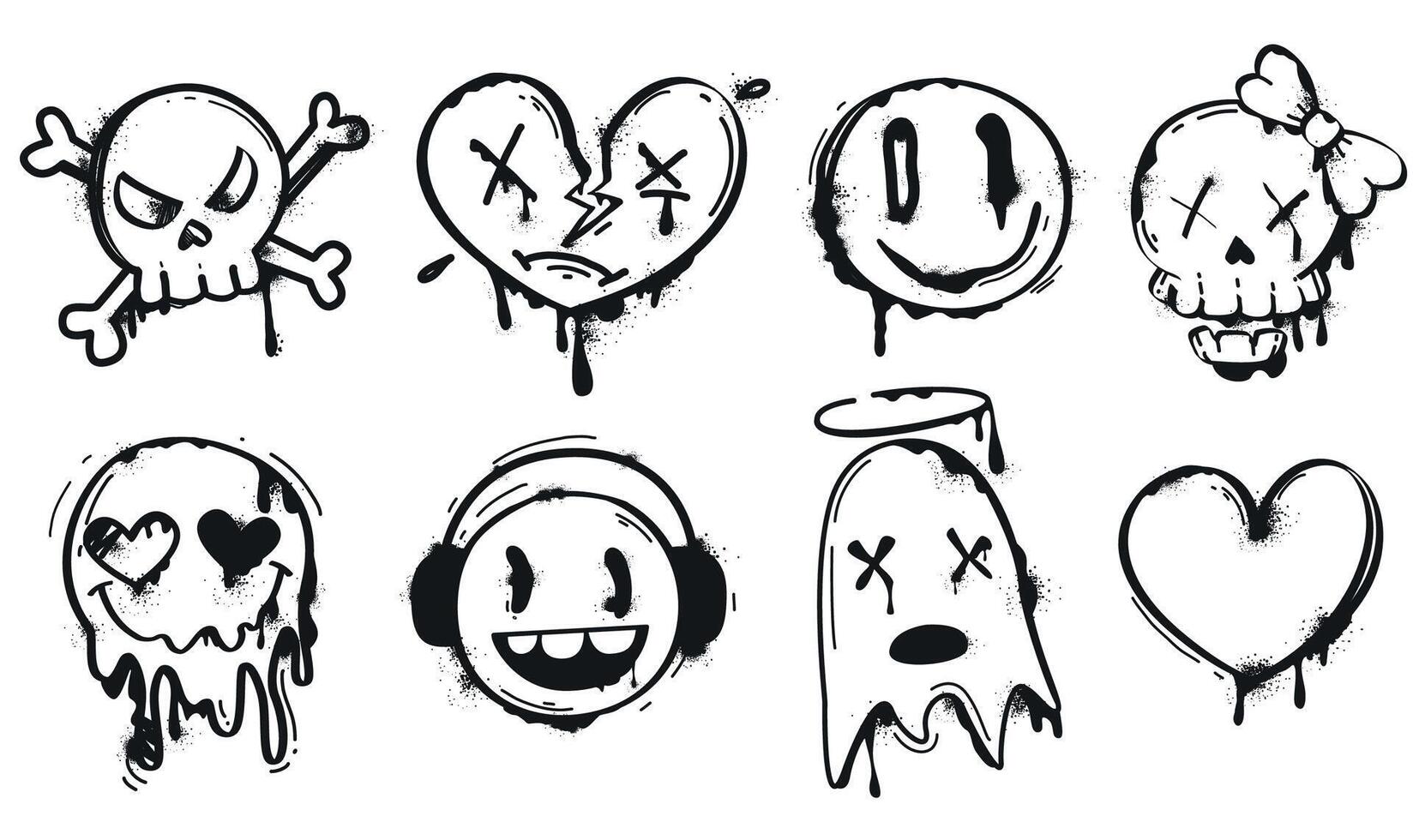 Black spray paint graffiti emoji of smiling face, heart, skull and ghost. Street art set of ink drip splatter face emoticon characters in hand drawing style. Painted urban elements on white background vector