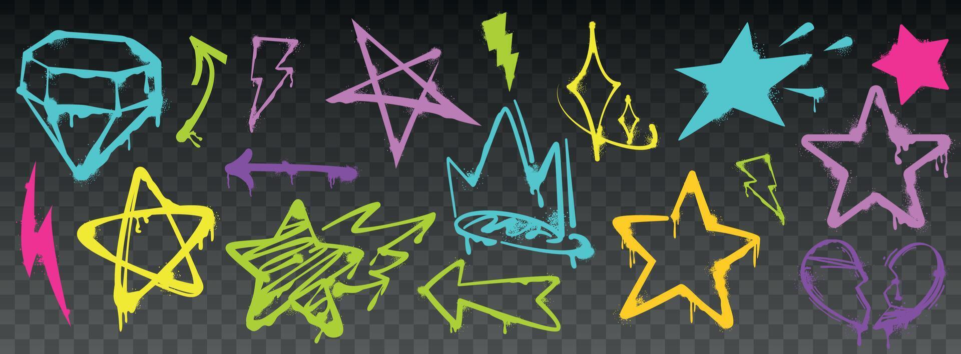 Spray paint stars vector set. Color grunge ink graphic crown, arrow, diamond, lightning bolt, broken heart with inky drips and splatters on dark background. Street art graffiti brush colorful symbols