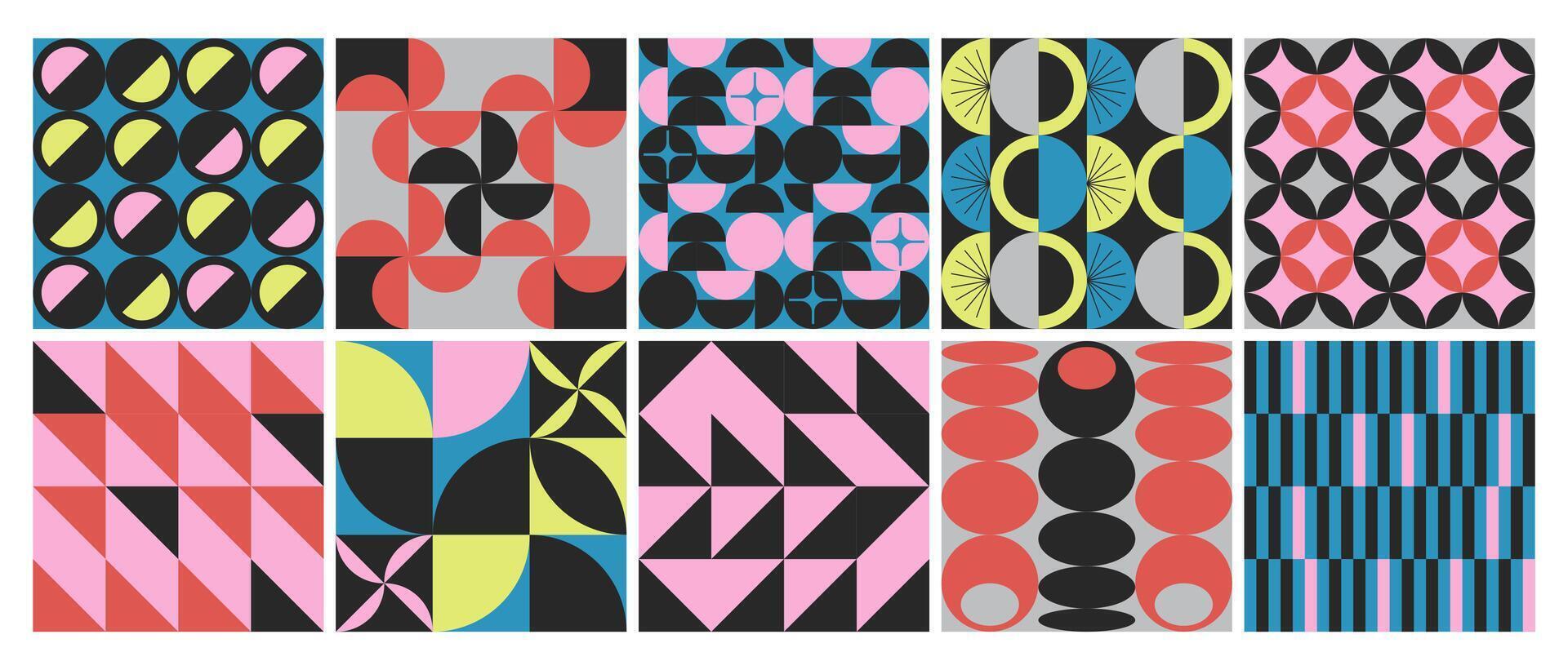 Minimalist geometric poster set with simple minimal vector pattern. Abstract shapes backgrounds in modern brutalist style. Trendy bauhaus patterns with retro elements, contemporary figures, bold forms