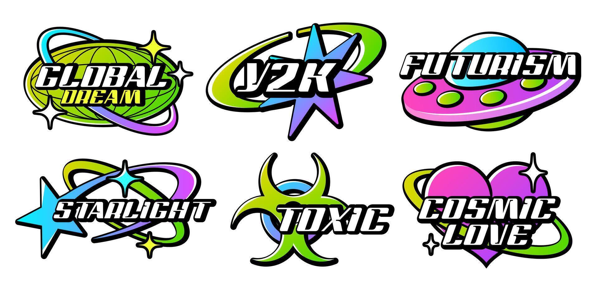 Retro Y2K logo. Acid gradient colorful lettering logos for shirt, streetwear. Sticker, badges, slogan typography vector icon design illustration with star, heart, planet earth. Futuristic elements