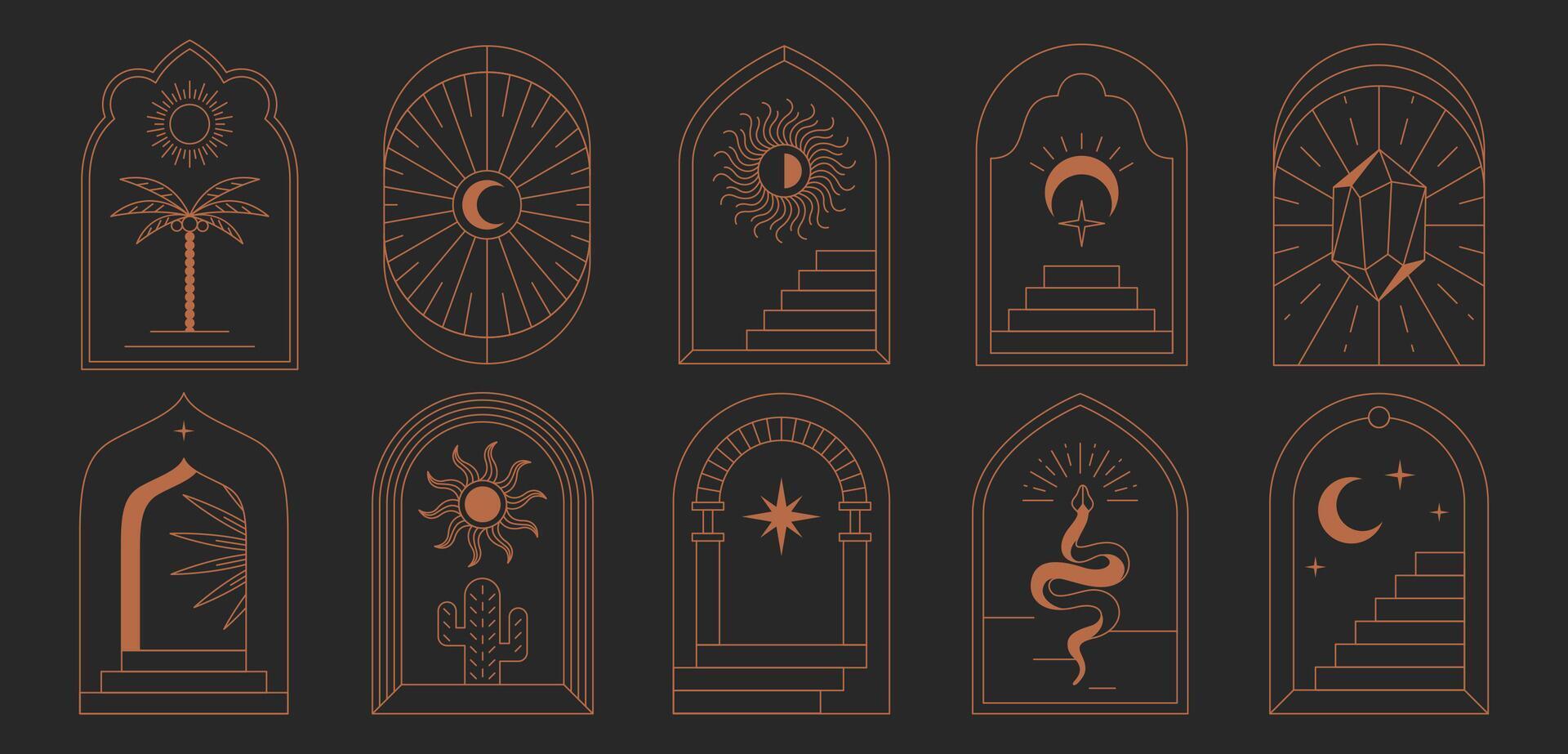 Boho frames in trendy linear style. Bohemian logos, mystical borders with minimal surreal door stairs, sun, moon, palm, cactus and esoteric symbols. Mystic staircase and arch set with magic elements vector
