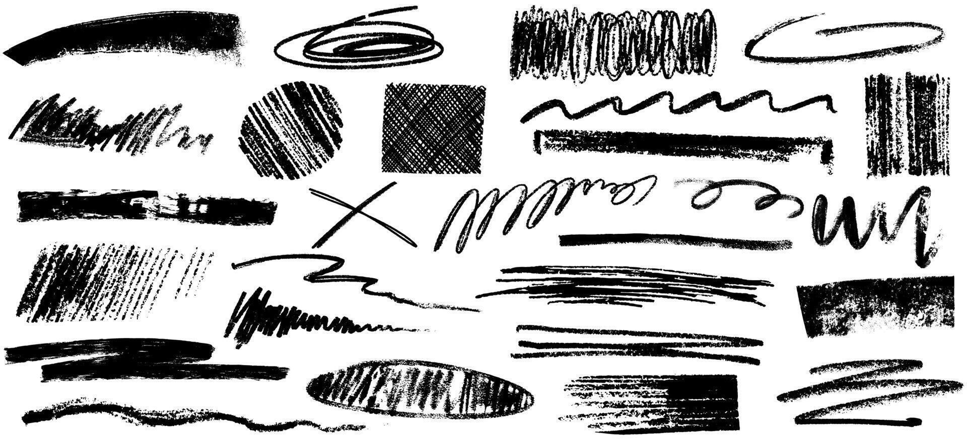 Hand drawn charcoal pencil lines, squiggles and rough crayon strokes. Scribble, scrawls and grunge textured doodles with black brush. Grungy graphite pen art brushes, freehand chalk drawing stripes vector