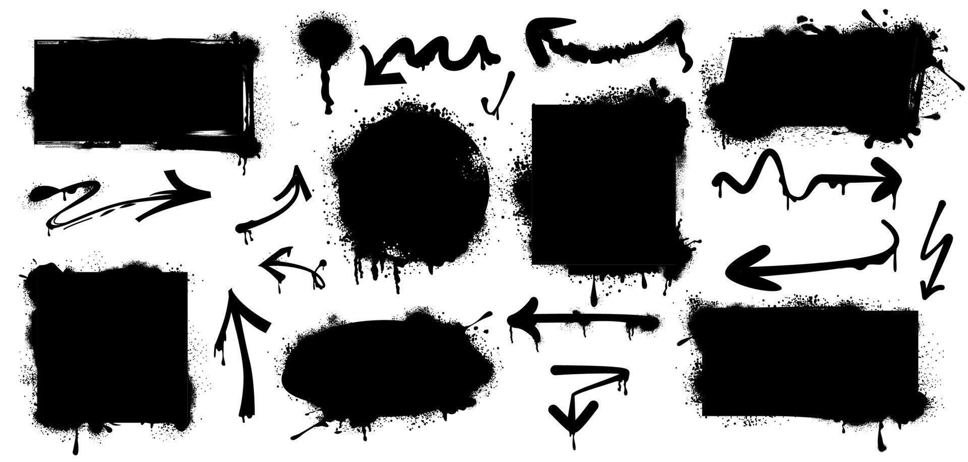 Black spray paint frames, arrows and drips. Graffiti borders in shape of rectangle, square, circle and oval isolated on white background. Vector grunge set of blobs and ink splashes with splatters