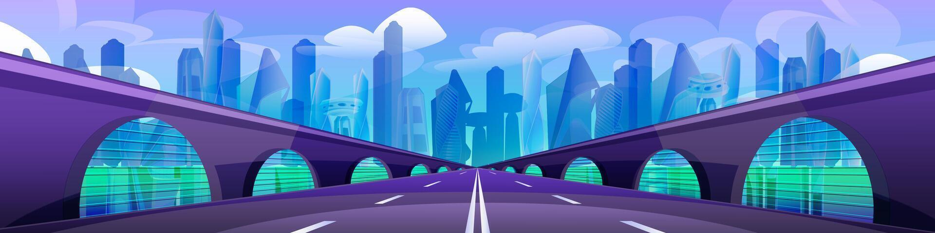 Cartoon city with buildings and traffic road. Cityscape with highway and bridge. Modern architecture towers and skyscrapers. Urban landscape design. Street in perspective vector