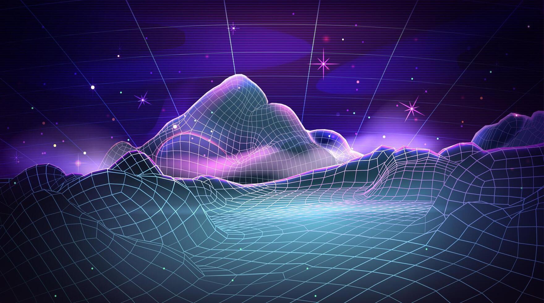 Abstract futuristic landscape with neon wireframe mountain and galaxy night sky. Vector illustration of 80s retro sci fi background with laser grid perspective, glowing scenery in vaporwave style