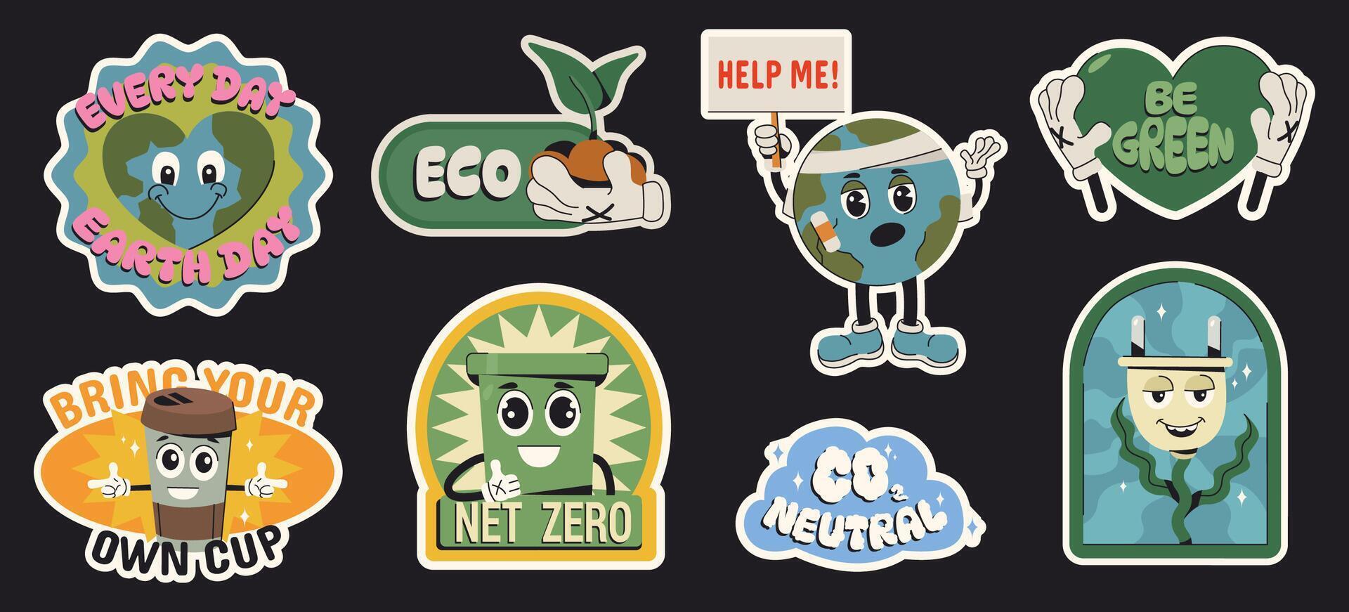 Flat set stickers of save the planet in trendy groovy style. Funny vector characters with cute faces. Eco friendly badges or labels on black background. World environment, net zero emission concept