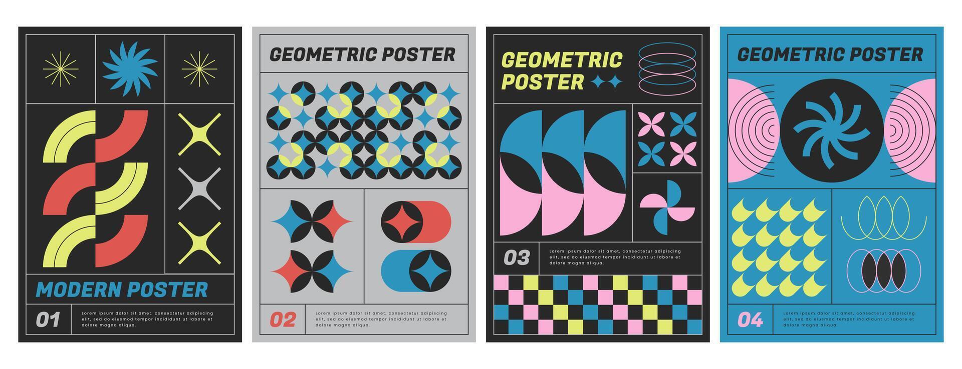 Modern aesthetics posters collection with abstract geometric shapes. Brutalist art style vector flyers with color graphic elements, basic figures and headers. Covers template with trendy prints
