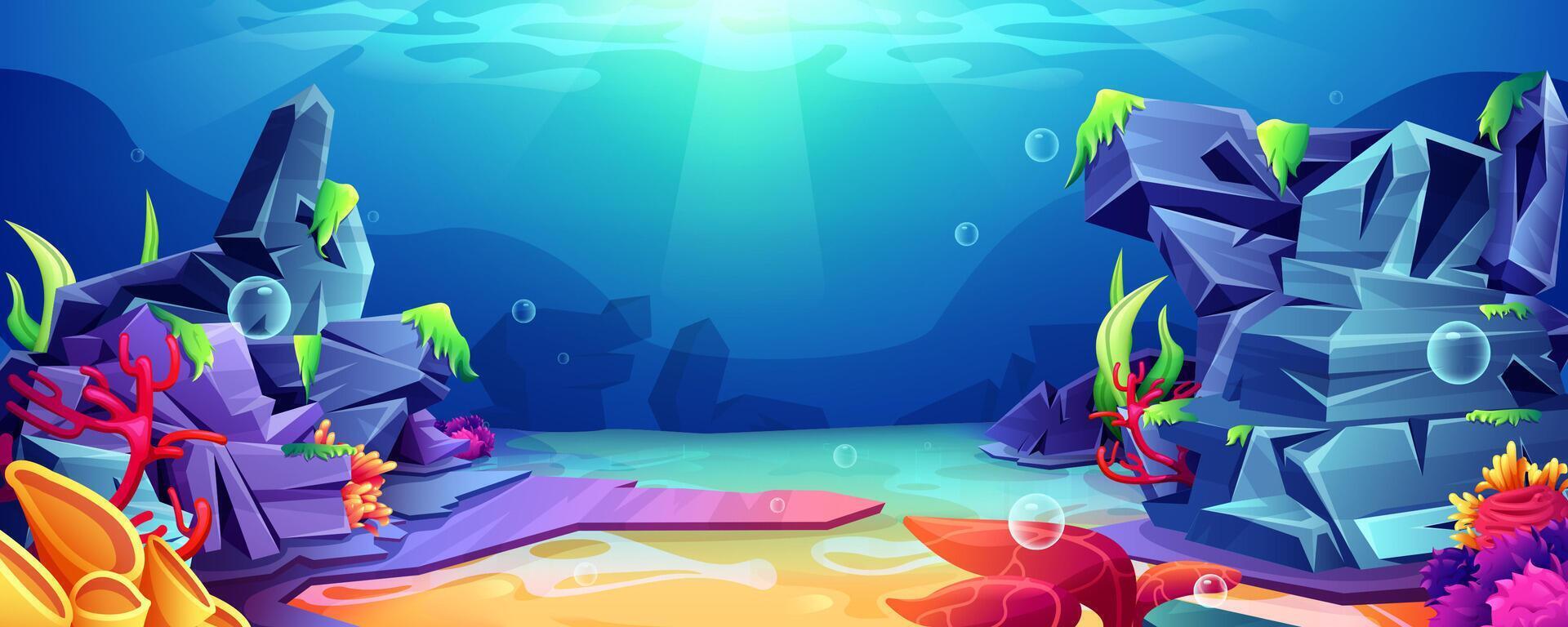 Coral reef ocean underwater background. Undersea landscape with sand bottom, seaweeds on rocks and turtle. Marine life on deep with falling sunlight beam and air bubbles. Sea aquatic world concept vector