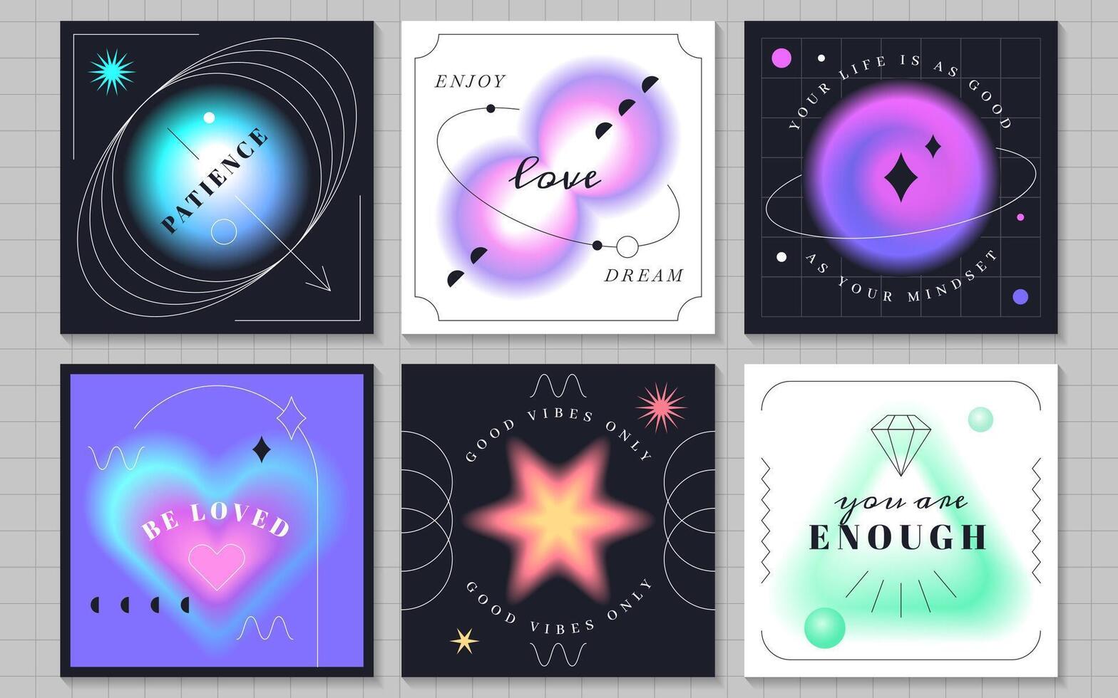 Set of trendy blur gradient posts for social media. Vintage y2k pastel color banner collection with blurred geometric shapes. Flyers of aura aesthetic elements different forms with defocus effect vector