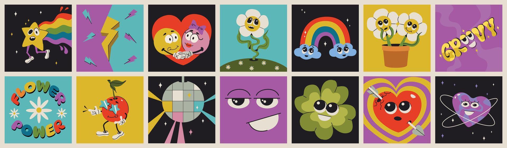 Funny psychedelic cartoon characters, comic faces in trendy retro style. Square fun posters with groovy elements of flower, heart, cherry, disco ball and rainbow. Abstract doodle patterns vector