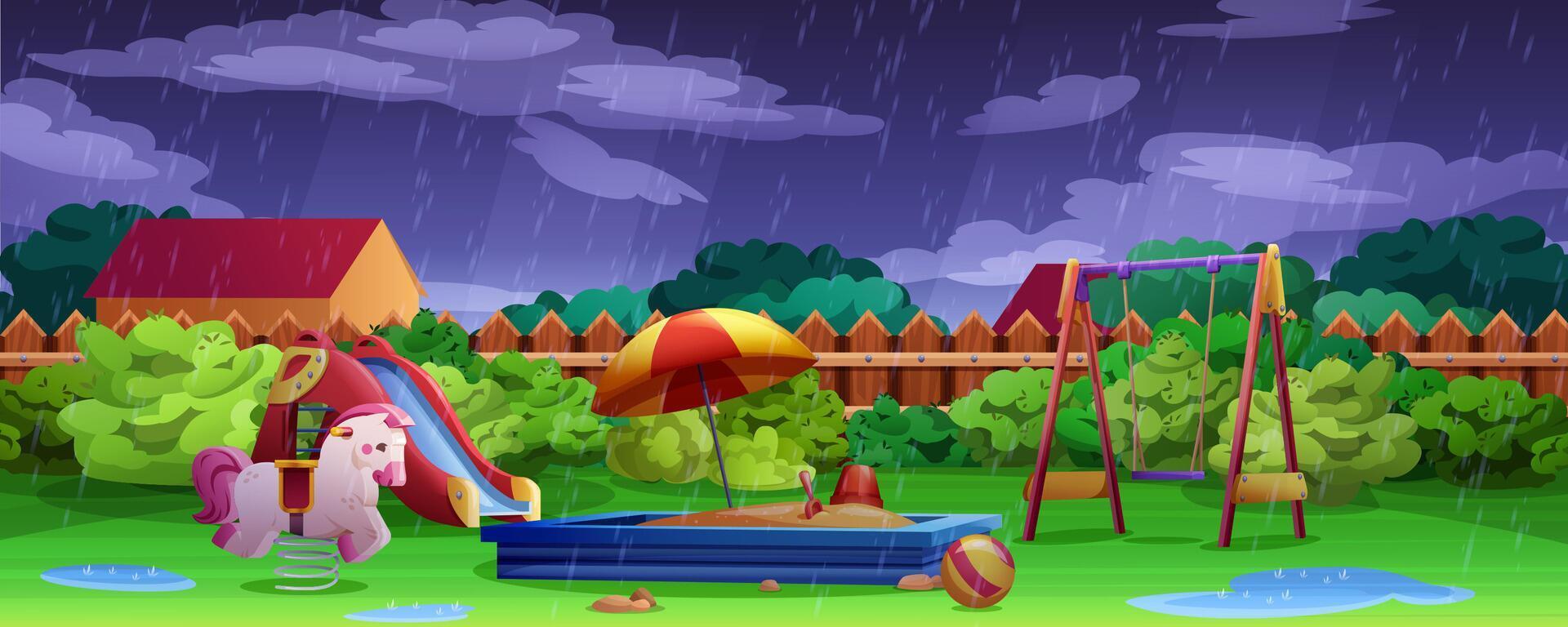 Kids playground at rainy weather with puddles. Summer garden with swing, slide and sandbox. Play area in backyard with lawn, sandpit and seesaw. Vector cartoon illustration activities for children