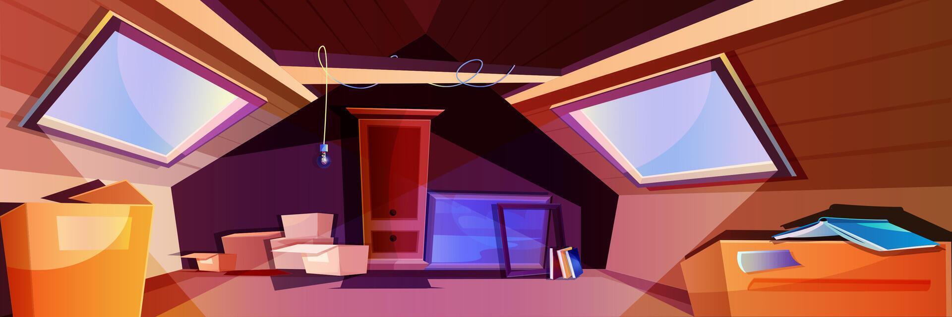 House attic interior cartoon vector illustration. Mansard room with wooden wardrobe, carton boxes and window in roof. Garret place with wood floor, ceiling beam, old things and scattered books