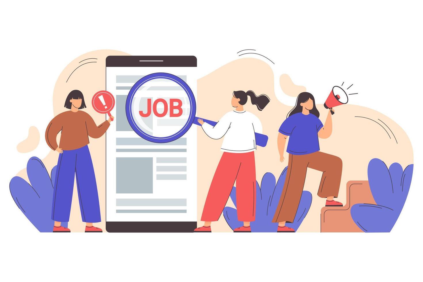 Flat employment hr agency looking for new employees to hire. Recruiting staff search candidates for interview. Hiring and online recruitment concept. Headhunters find resumes and offer vacancy job vector