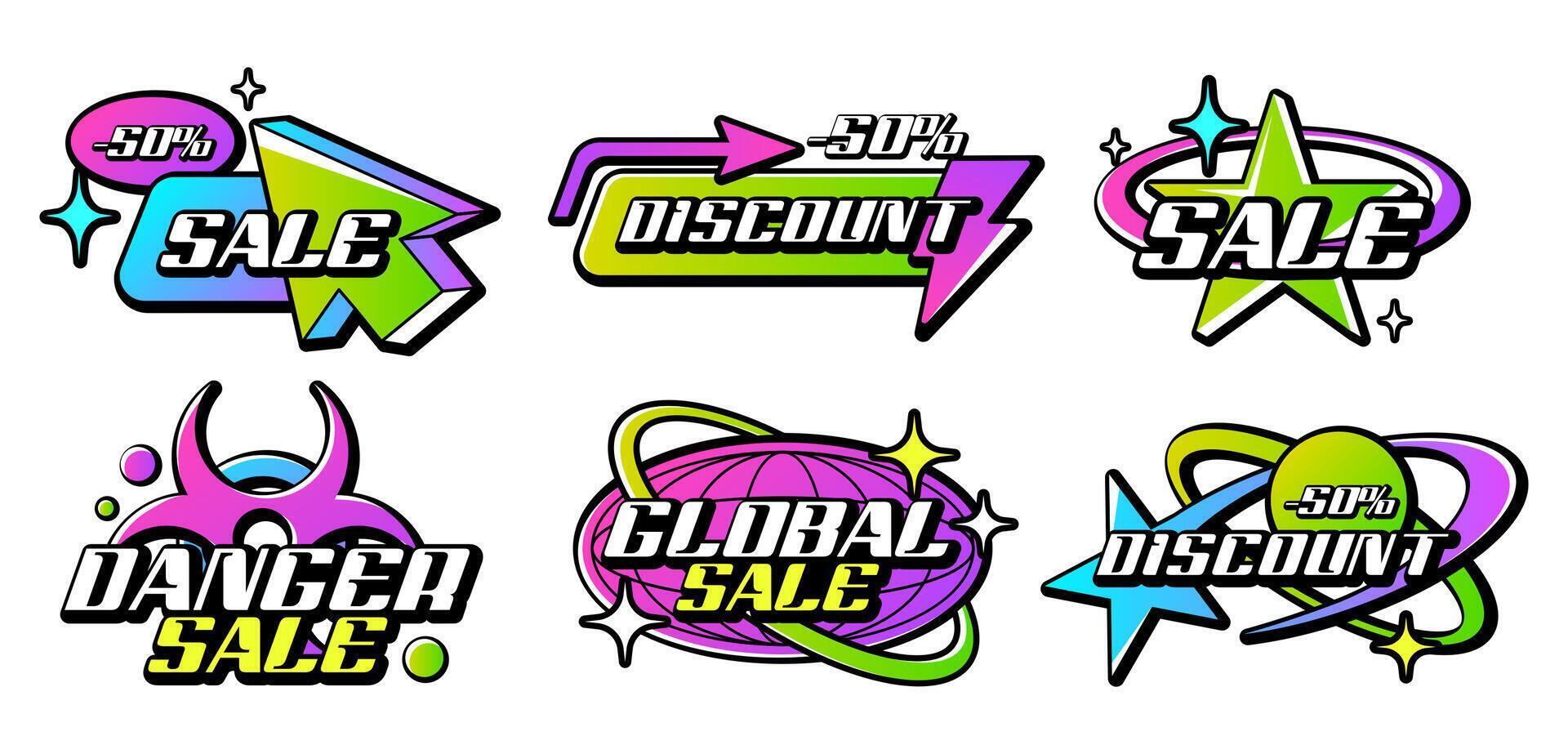 Trendy colorful Y2k logo collection. Retro acid gradient lettering logos with graphic elements for sale or discount store. Set of sticker, badges, slogan typography vector icon design illustration
