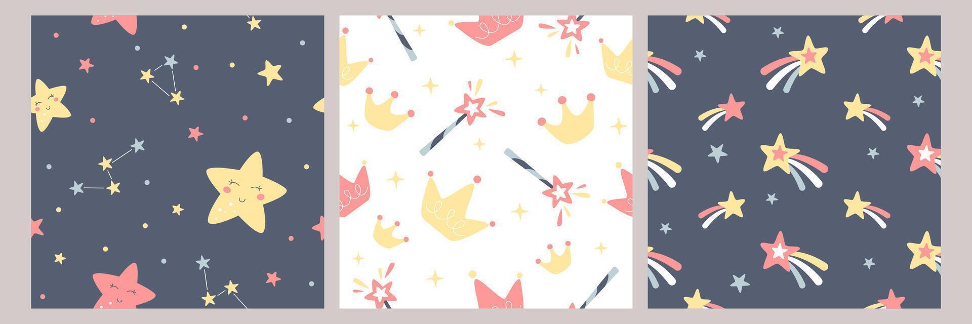 Bohemian baby seamless pattern. Hand drawn boho nursery design with cute smiling stars, comets, starry night sky and princess crowns for kids bedroom in scandinavian style. Childish wall art print vector