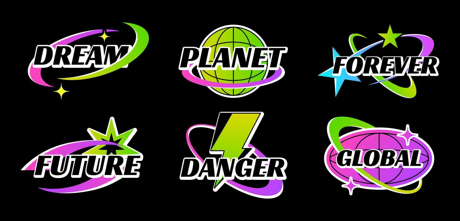 Retro Y2K logo set. Acid gradient color stickers with lettering logos for shirt. Badges, slogan typography vector icon design with star, planet earth. Futuristic elements isolated on black background
