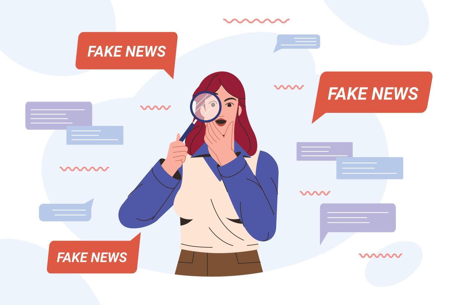 Flat amazed woman with magnifying glass research on fake news spreads in social media. Woman shocked from article in online press with disinformation, falsehood and lies. Spread of false information vector