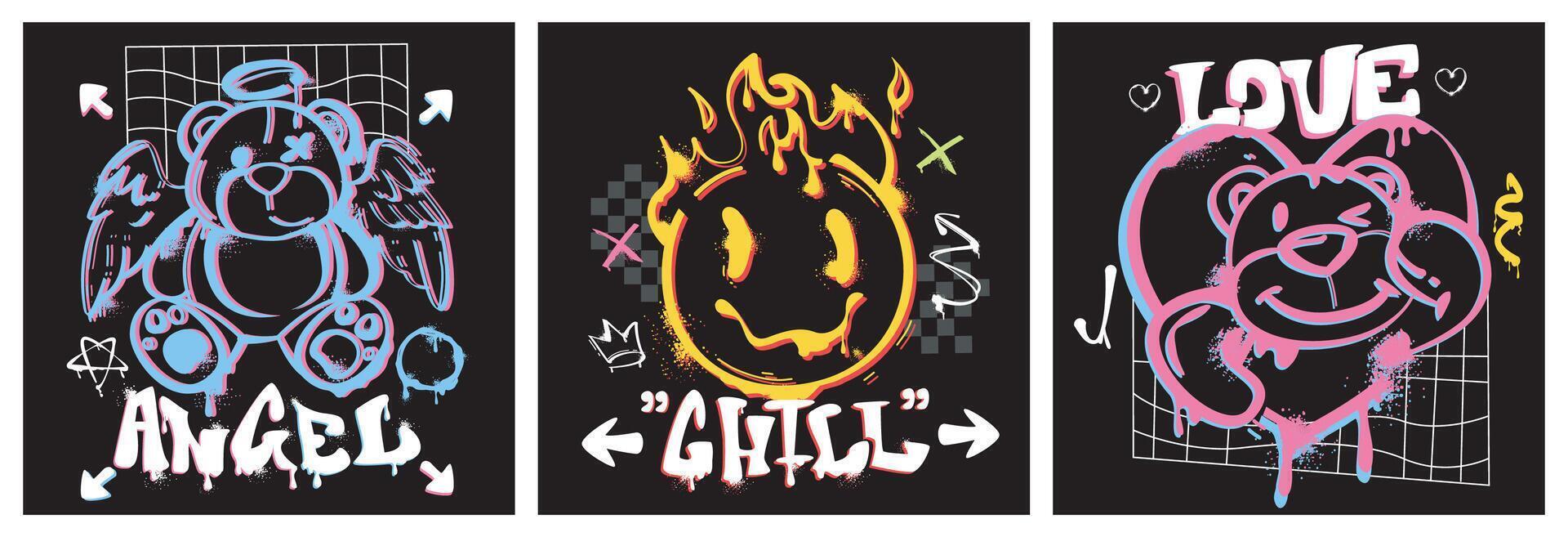 Posters with spray paint teddy bear and flaming emoji icon with typography slogan in graffiti style. Vector illustration design covers with ink characters, sticker for urban style shirts, street wear.