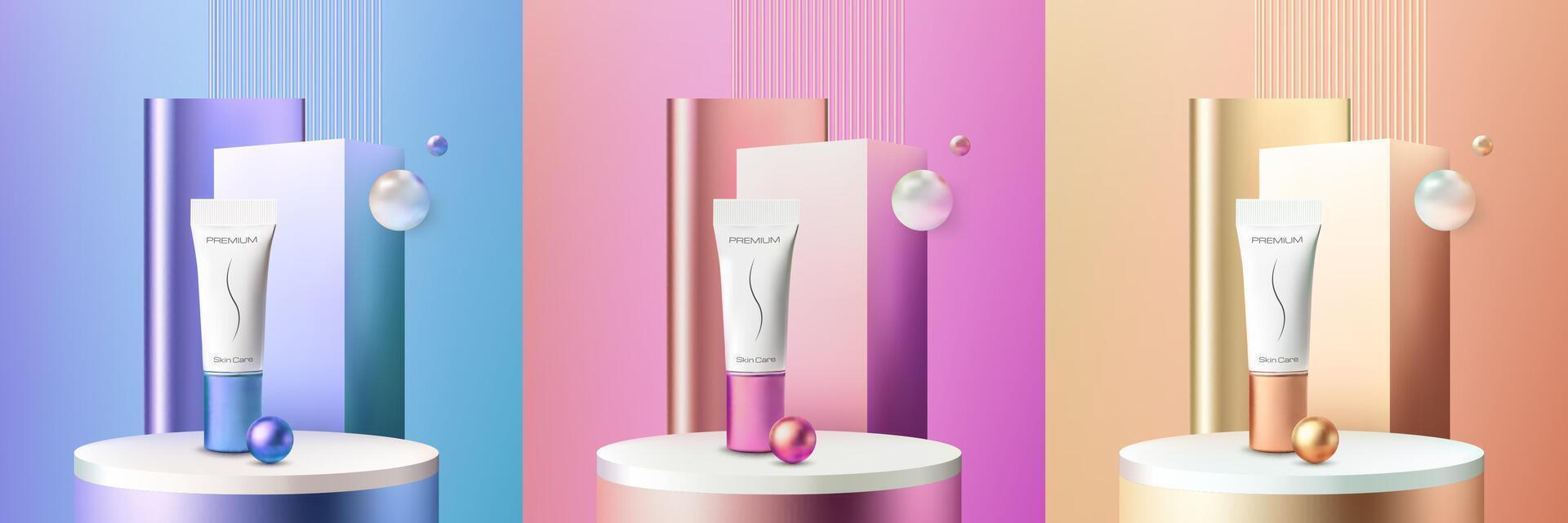 White cosmetic tubes on round podium. Mockup of plastic package with pearls on circle pedestal. Cosmetics bottles, skincare tubes on showroom platform realistic 3d vector. Beauty product presentation vector