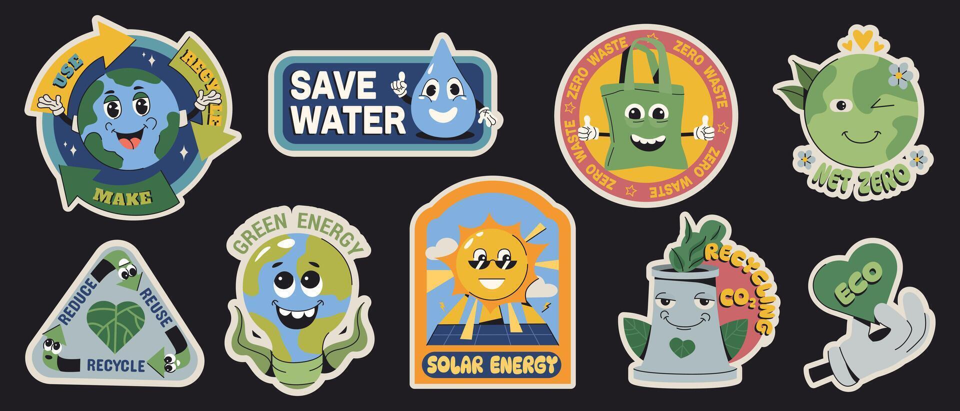 Groovy y2k retro cartoon ecology stickers. Funny earth characters with faces. Eco friendly badge or label on black background. Environmental protection. Save green planet, zero waste, recycle concept vector