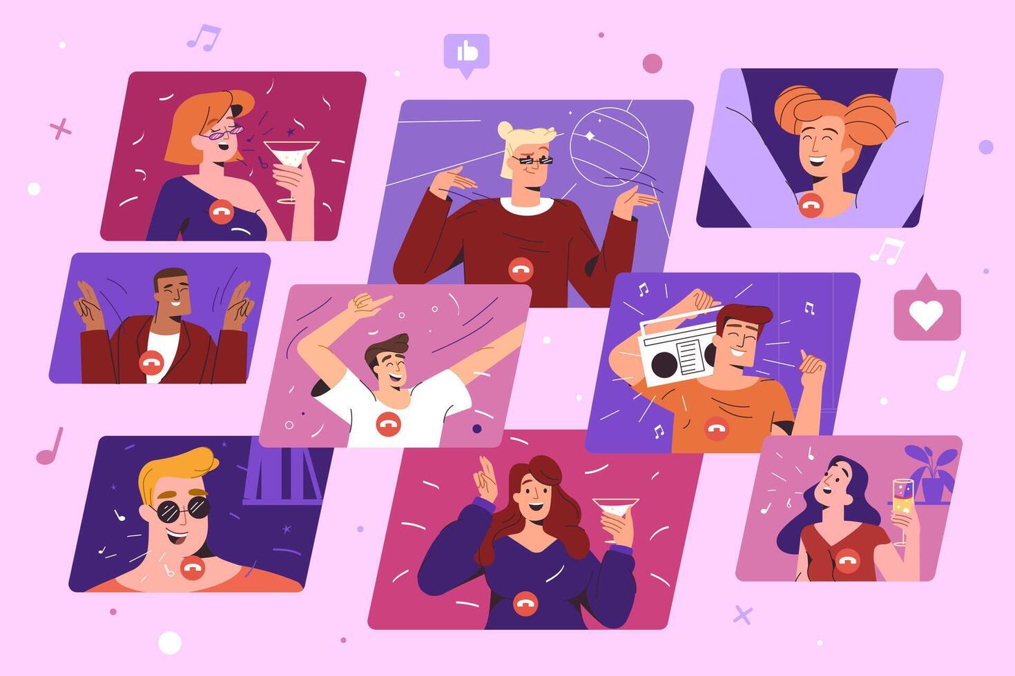 Online party flat vector illustration. Happy people with champagne dancing and chatting online. Virtual meeting with friends, celebration birthday by internet. Holiday event from home via videocall