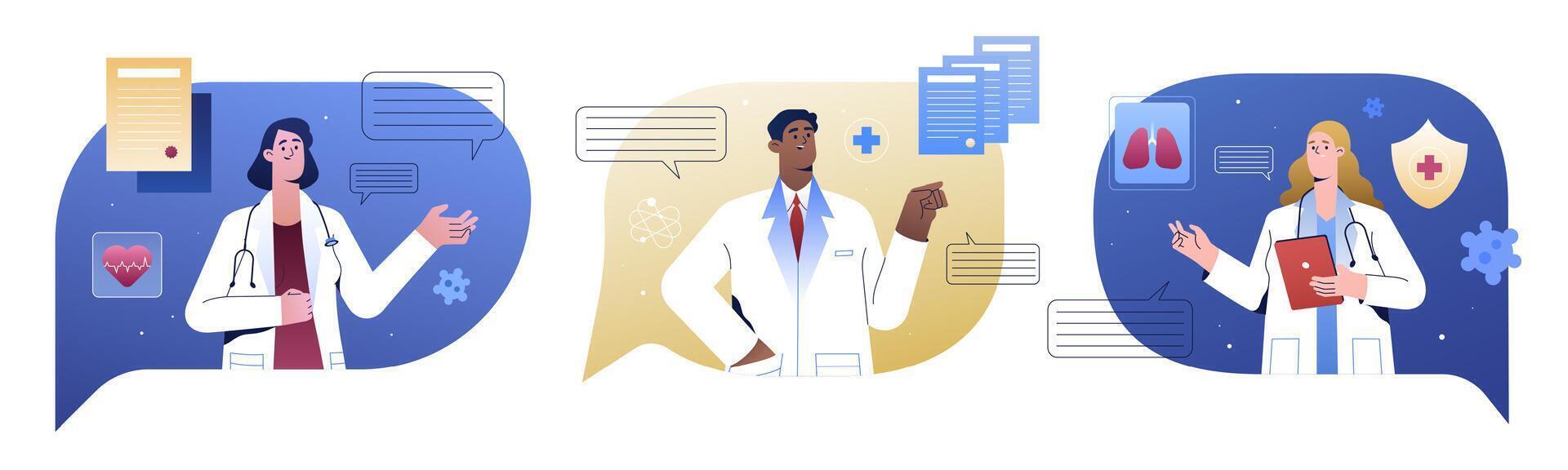 Medical student, nurses or doctors in hospital. Young physician specialist group of interns in uniform. Healthcare internship, medicine practice. Online consultation of therapist on chat in messenger vector