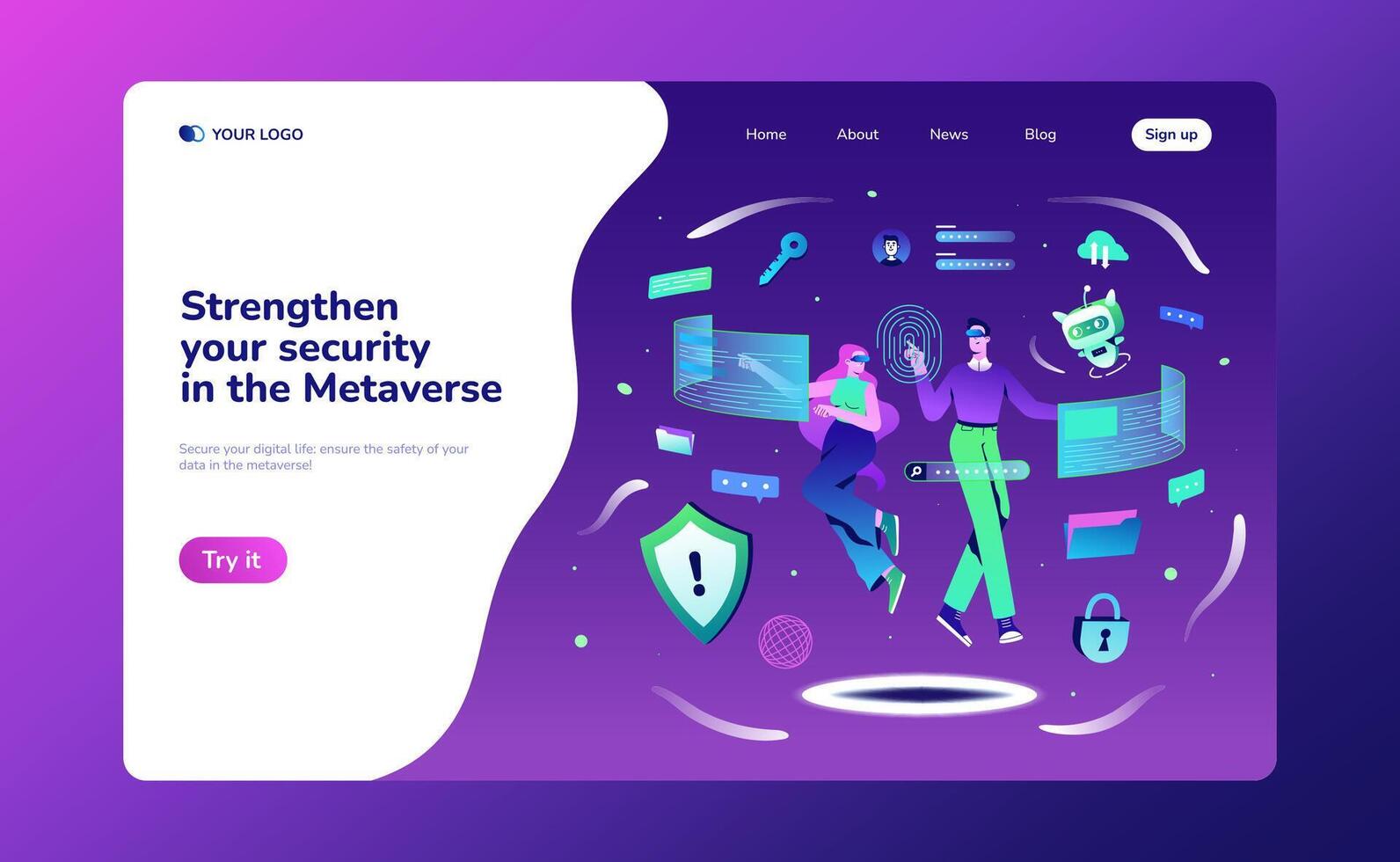 Cybersecurity in metaverse landing page. Flat people in VR goggles and ai robot solve problem of data protection. Characters fly with robotic assistant in futuristic space and protect from cyberattack vector