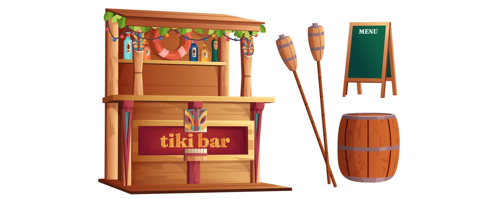 dibujos animados conjunto de verano hawaiano elementos con Hawai tótem, de madera playa café y bebidas para Oceano fiesta. tiki bar con tribal mascaras, antorcha, barril y menú tablero aislado en blanco antecedentes vector