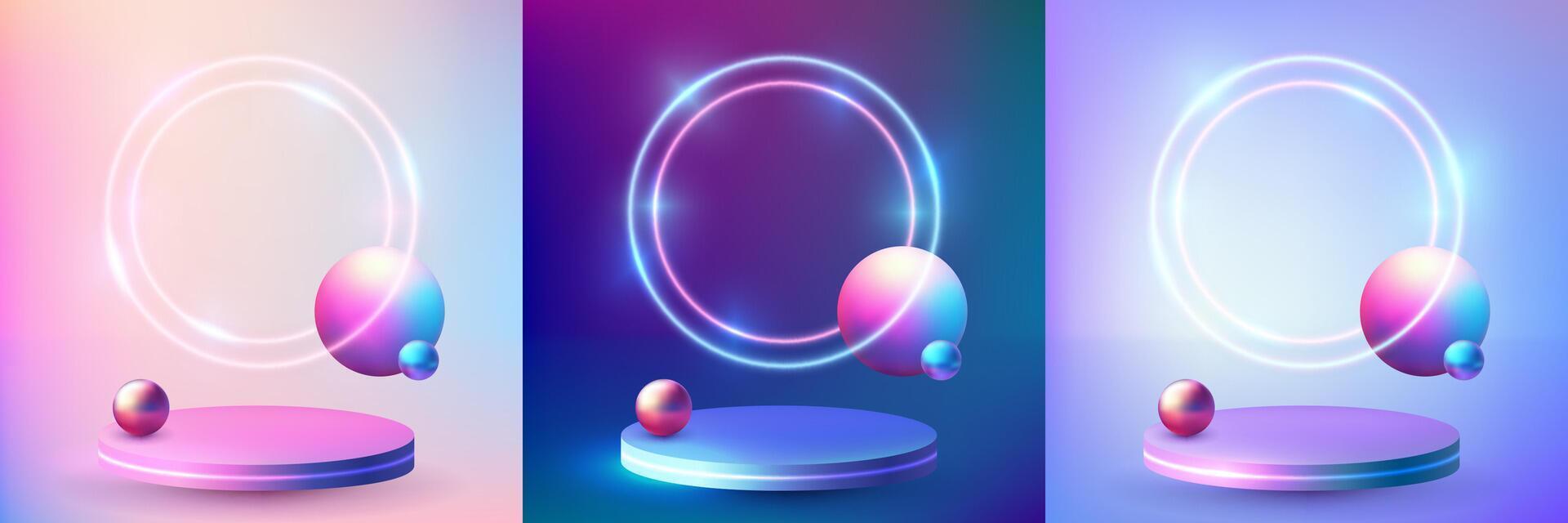Set of realistic 3d futuristic stage with neon light circle frame, gradient sphere balls and pedestal podium. Empty studio interior with round platform and glowing arch for product presentation vector