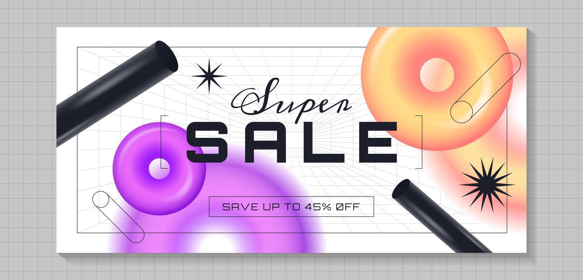 Modern blurred gradient sale banner with colorful realistic geometric shapes. Social media design web template with flying 3d objects different forms with defocus effects vector