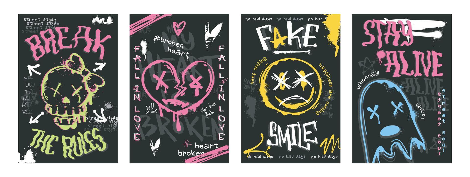 Set of graffiti poster with spray paint skull, heart sign, ghost and smiling face emoji. Street art covers of splashes, ink drip splatter, faces in hand drawing style on black background. Urban design vector