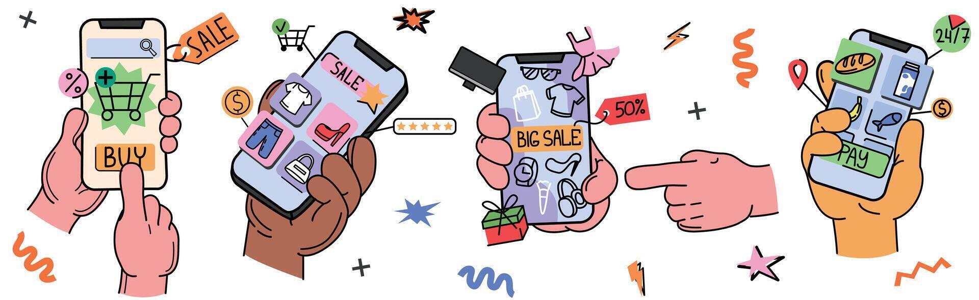 Online shopping, big sale flat vector illustration. Hands hold smartphones and make orders in mobile app. People with phones buy food and clothes. Customers pay purchases at discounts via application