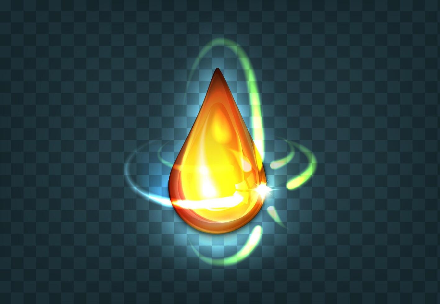 Realistic glittering drop of petroleum or honey isolated on dark background. Motor crude or cosmetic golden oil with flare light effect. Liquid yellow droplet of machine vector