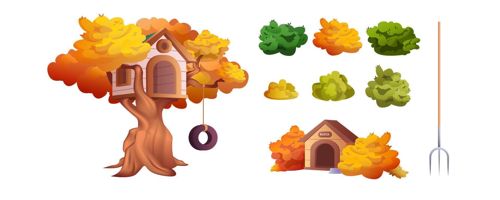 Vector set outdoor plants on white background. Cartoon orange and green different shape bushes and tree. Wooden treehouse for kids on backyard and dog kennel. Woody plant with dense foliage cover