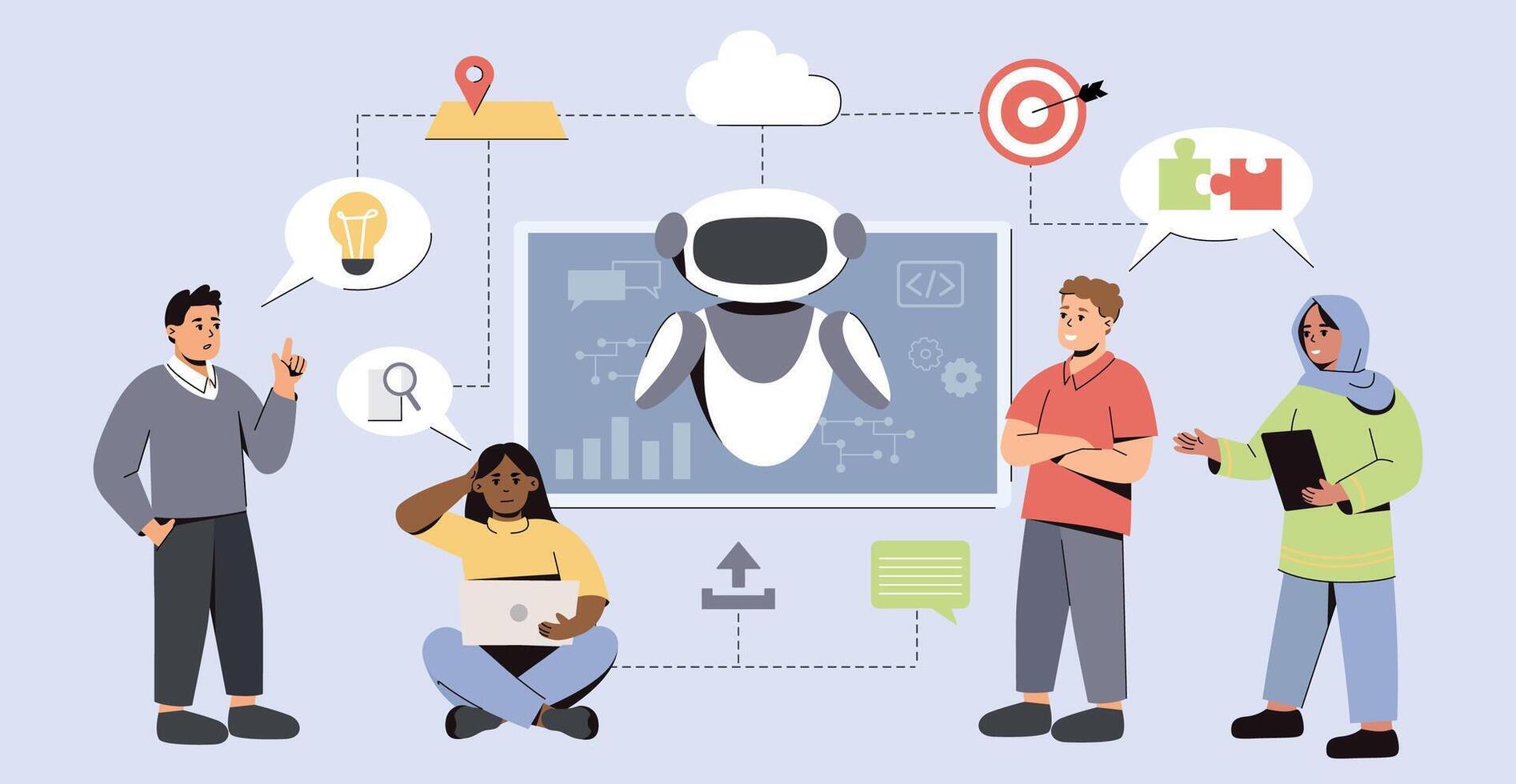 Flat people use ai smart analysis technology vector illustration. Flat development team use artificial intelligence in work. Process with futuristic robotic tech, data research