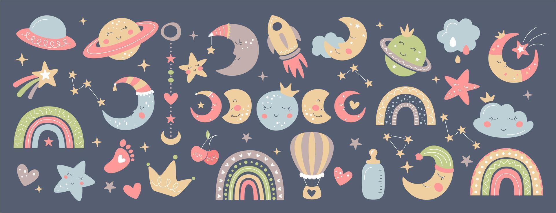Boho baby nursery elements. Hand drawn celestial collection with cute rainbow, moon, clouds, balloon, rocket, hearts and baby footprint. Newborn decoration with stars and planets for bedroom vector