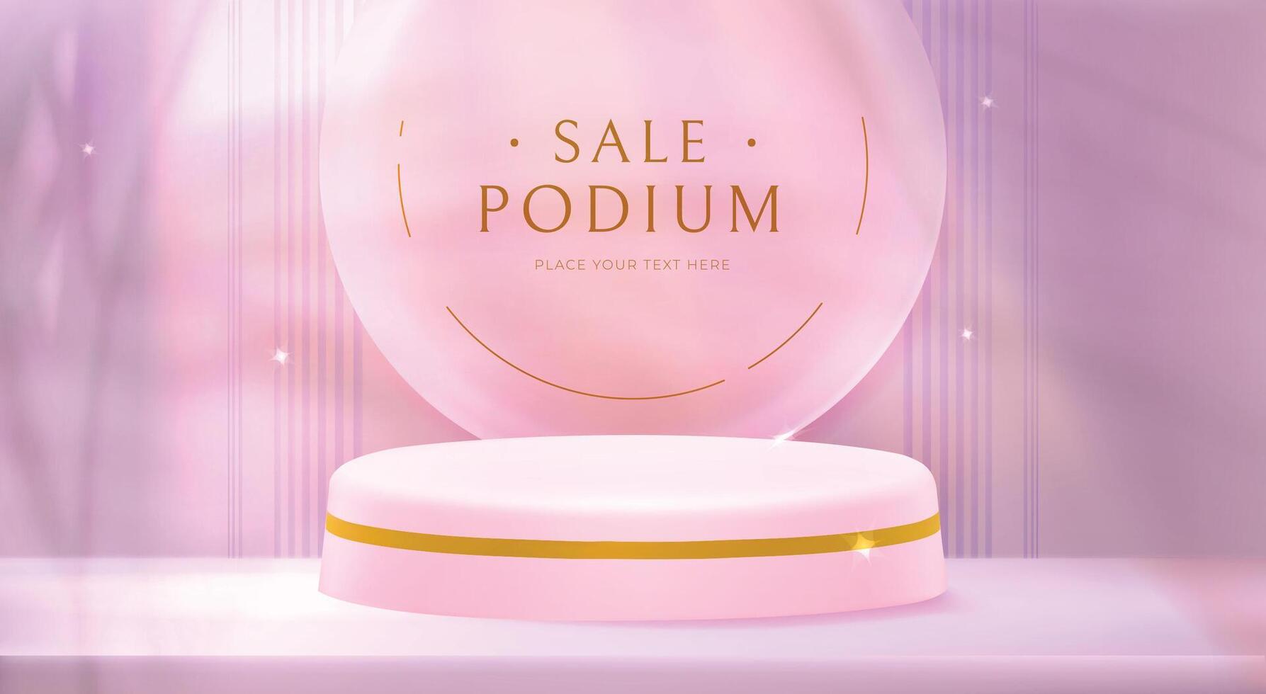 Round podium or pedestal with palm leaves on pink background. Product display platform with golden decor. Realistic 3d vector showcase mockup scene, exhibition or showroom product display stand