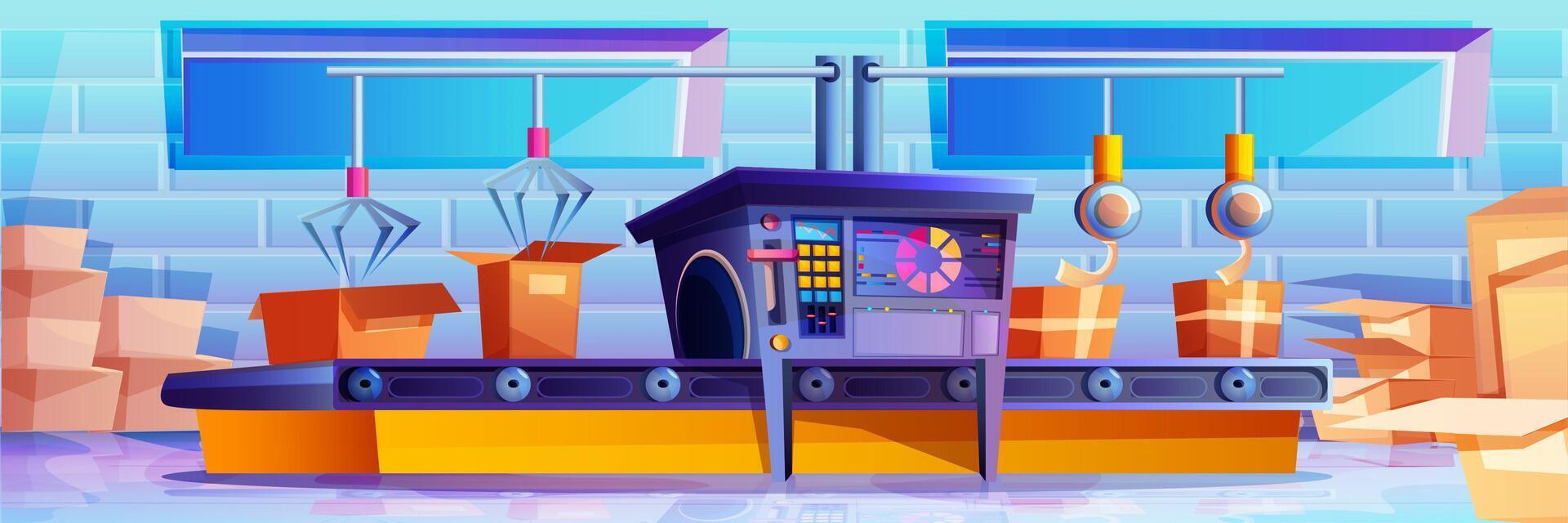 Cartoon conveyor belt with robotic arms for automated packaging product and goods in cardboard boxes. Factory transporter production line with parcels, carton packages. Warehouse, post office interior vector