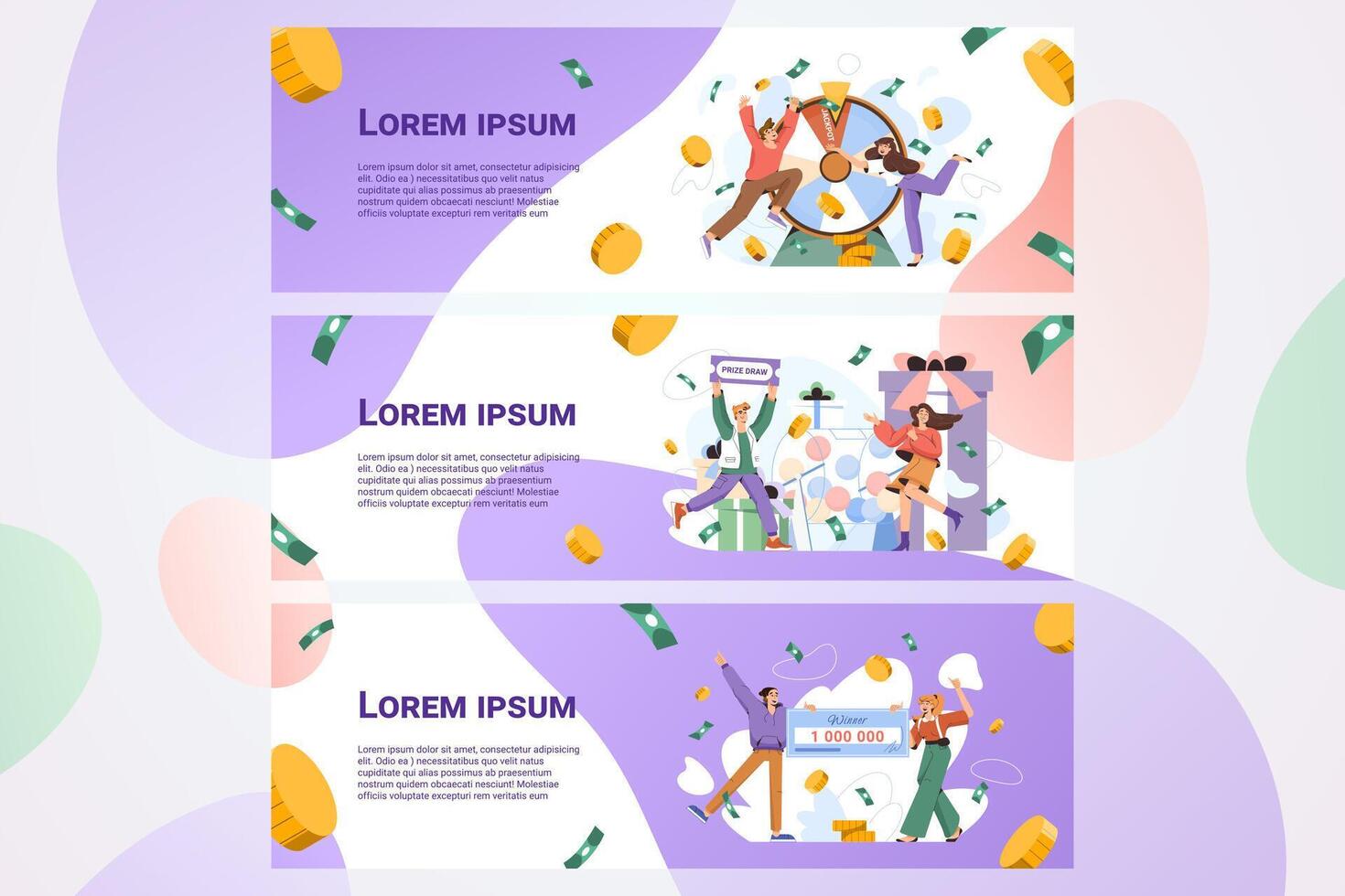 Lottery win flat web banner set. Lucky winners playing lotto, take part in prize drawing, hit jackpot and receive money prize in gambling games. Happy people winning prizes. Luck and fortune concept vector