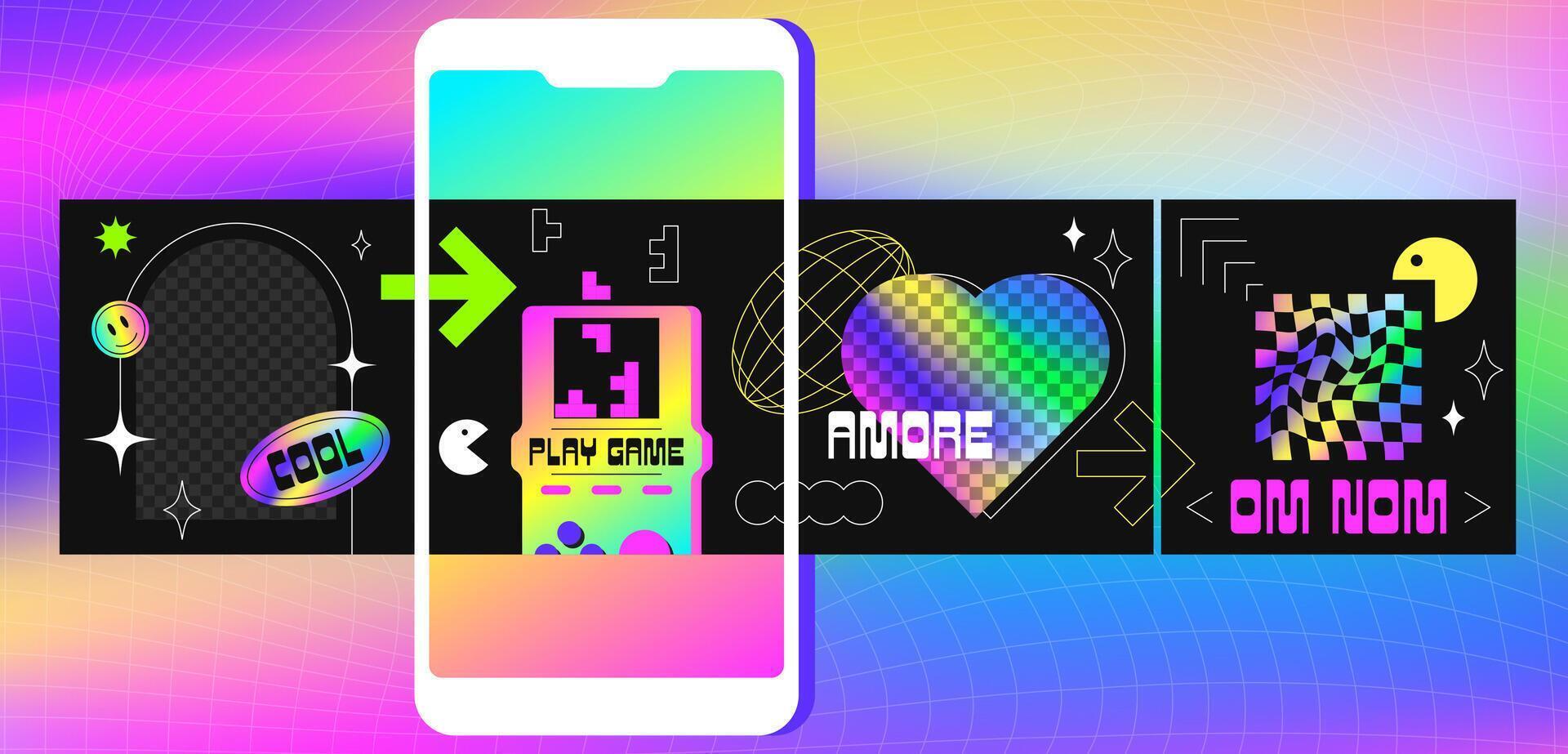 Trendy ig carousel design template with geometric shapes, acid labels in y2k style. Social media stories with neon copy space for photo or text. Mobile app screens with holographic groovy elements vector