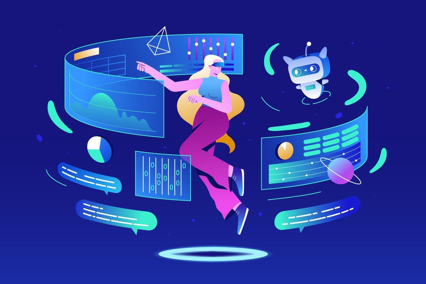 Flat woman in virtual reality glasses communication with ai robot in metaverse. Future innovations, artificial intelligence or digital technology. Girl in vr goggles flying with robotic assistant vector