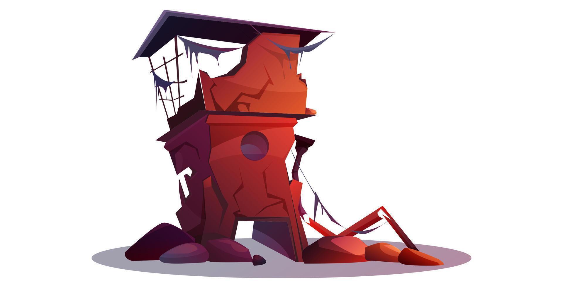 Destroyed building after natural disaster or war. Abandoned broken city house cartoon isolated vector illustration. Damaged structure or derelict town ruins after cataclysm, earthquake or explosion