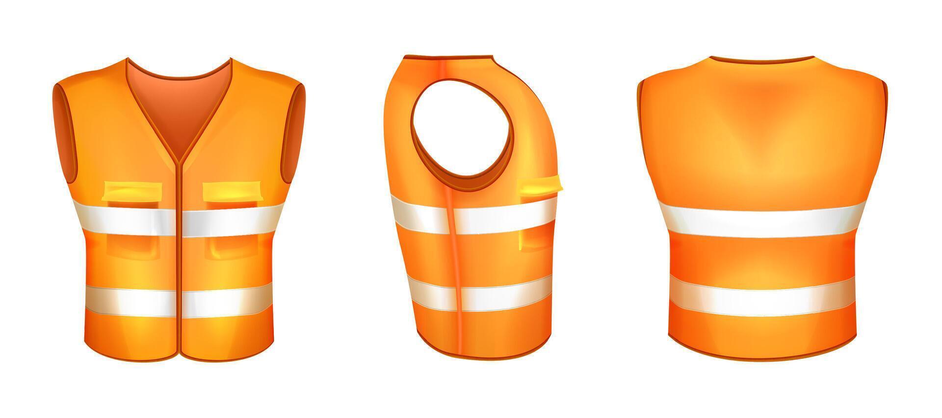 Realistic orange safety vest with reflective tape. Protective uniform with fluorescent stripes or hi-vis clothing for workers. High visibility waistcoat. Fluorescent personal protective workwear vector