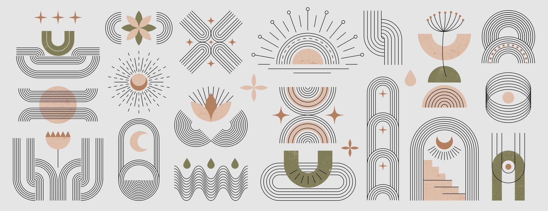 Zen arch set. Modern abstract boho linear geometric shapes, minimal simple figures. Contemporary vector elements and sun in trendy bohemian style. Aesthetic design stripes line shape in neutral colors
