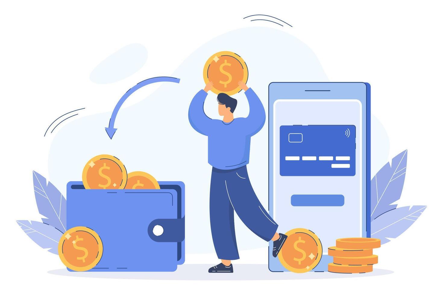 Flat man paying online and receiving cashback to e-wallet. Bonus money or reward back on credit card for purchase. Coins transfer from smartphone to wallet. Cash refund. Financial savings concept vector