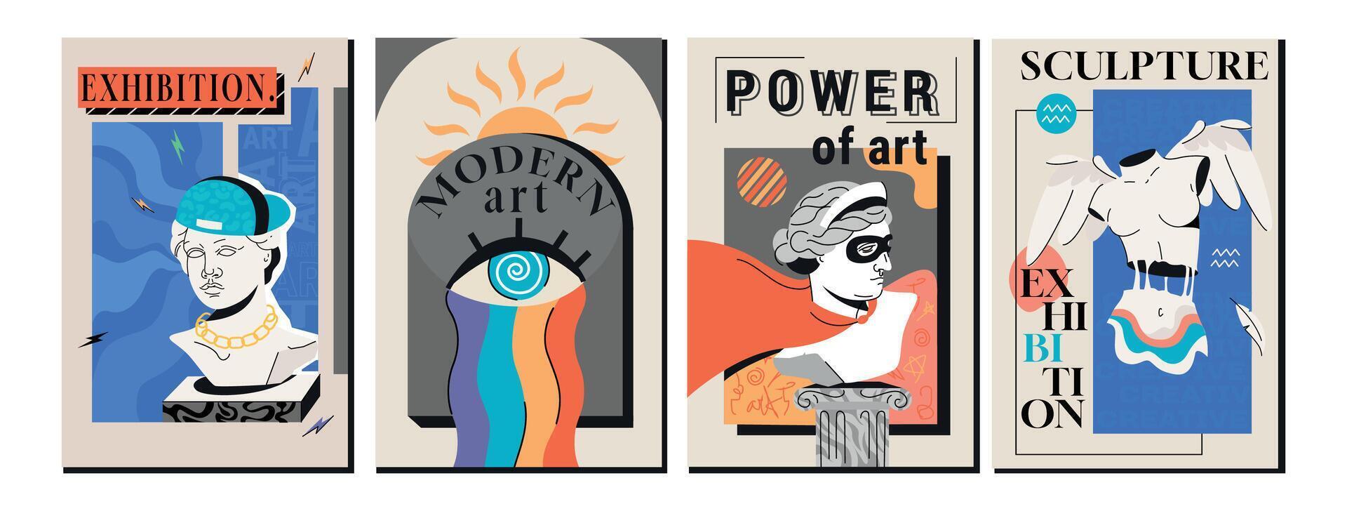 Art exhibition posters with greek statues, antique sculpture, column. Cover design with surreal elements, greece heads and plaster bust. Invitation banner set with modern objects for gallery, museum vector