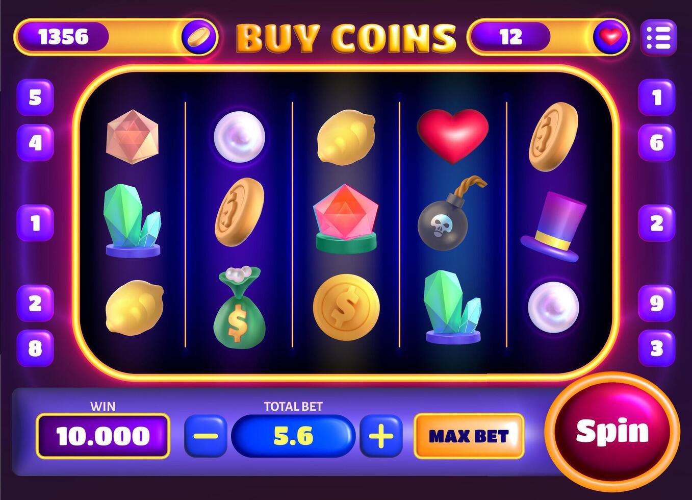 Casino slots gameplay main screen. Gambling ui icons, cartoon elements or buttons set. Design game interface elements, assets and lucky symbols for mobile gamble app or slot machine vector