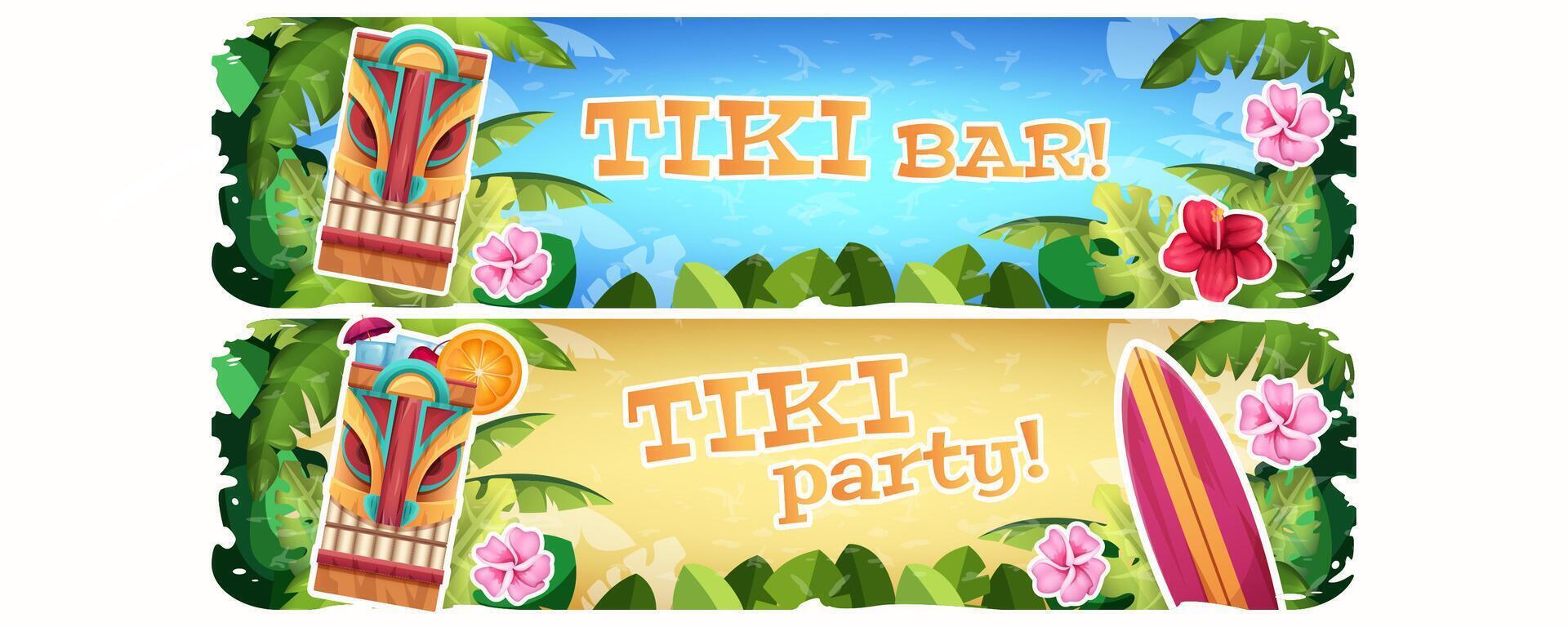Horizontal banner with traditional hawaiian wooden tribal mask and tropical exotic plants and flowers. Summer dance party invitation, hawaii poster on white background. Cartoon vector illustration
